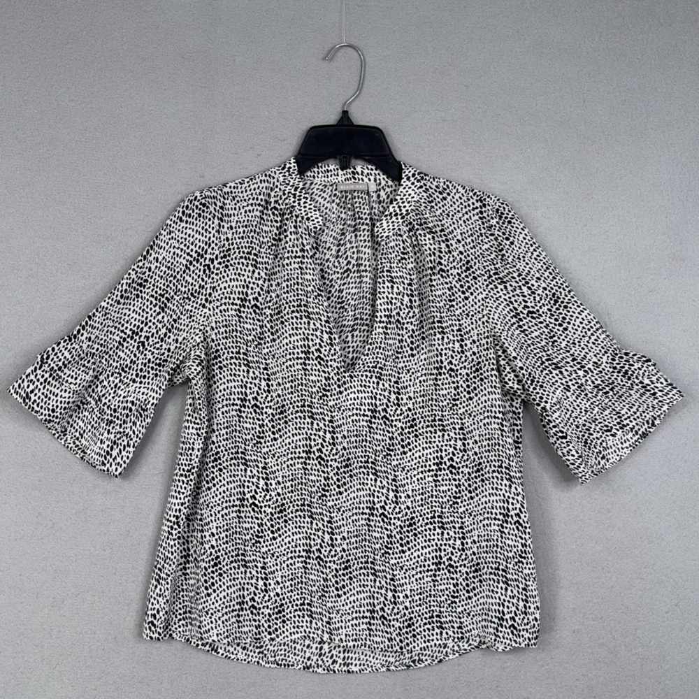 Ellie Kai Blouse Women Small Black White Spotted Silk V-Neck Ruffle Sleeve